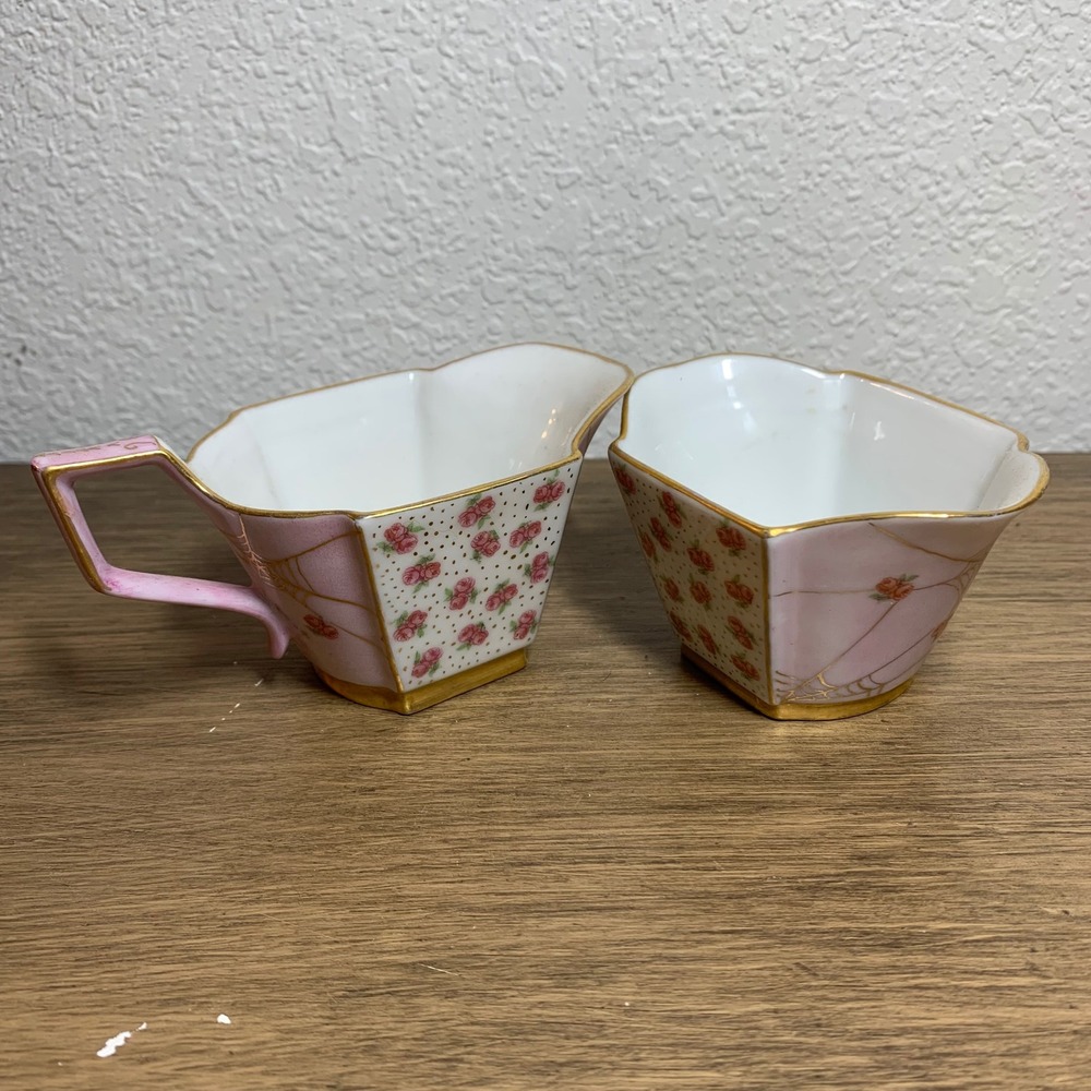 Vintage Pink Rose Cobweb Sugar Bowl Creamer‎ Set Porcelain Gold Trim